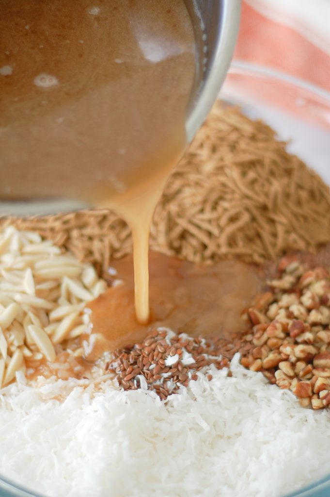 melted honey and coconut oil poured over granola