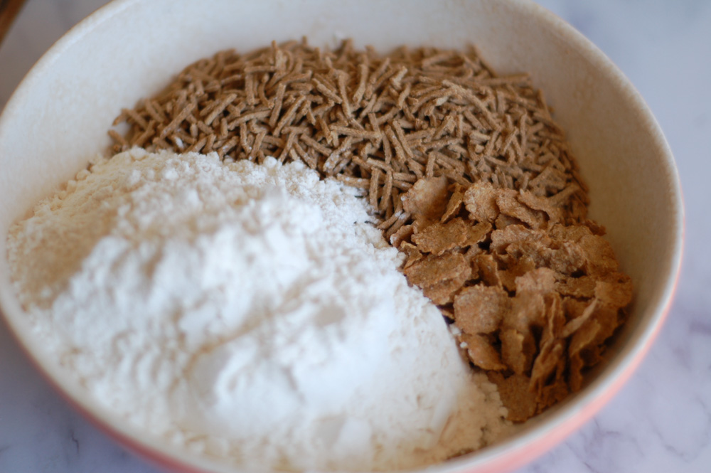 bowl with dry ingredients for buttermilk bran muffins