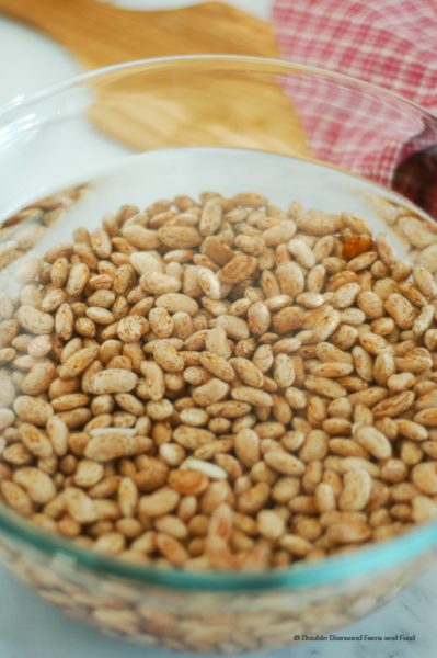 A glass bowl with pinto beans soaking in water