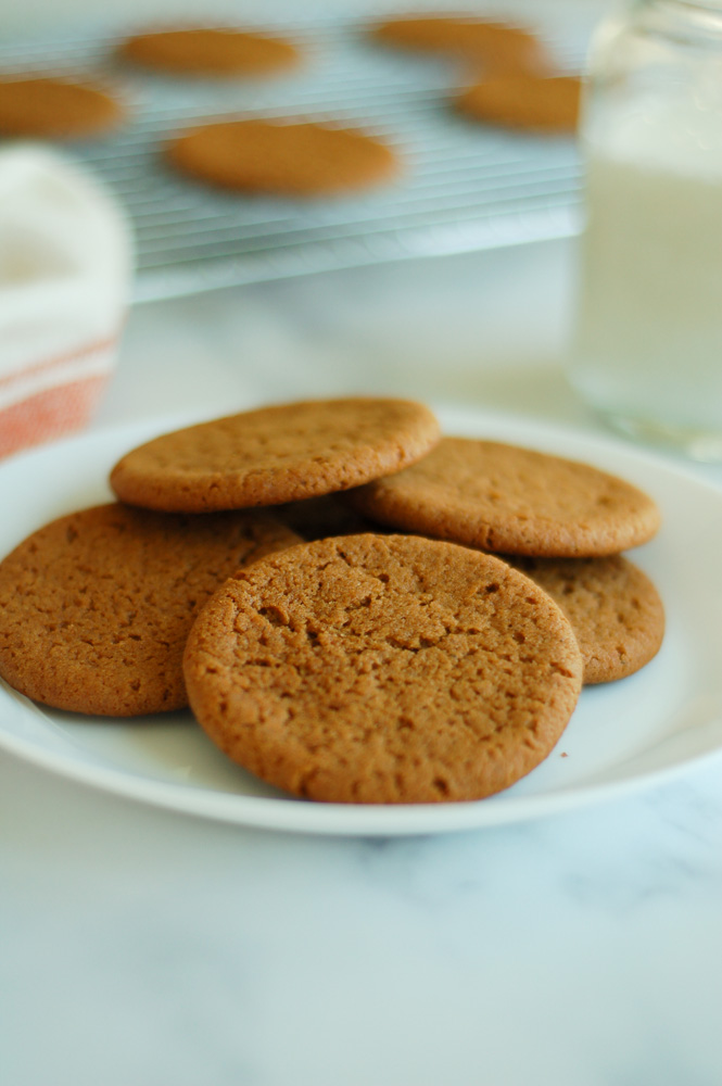 Crunchy and chewy gingersnap cookies on white plate