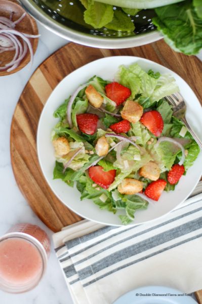 A small white plate with fresh salad topped with an oil, vinegar and sugar dressing.